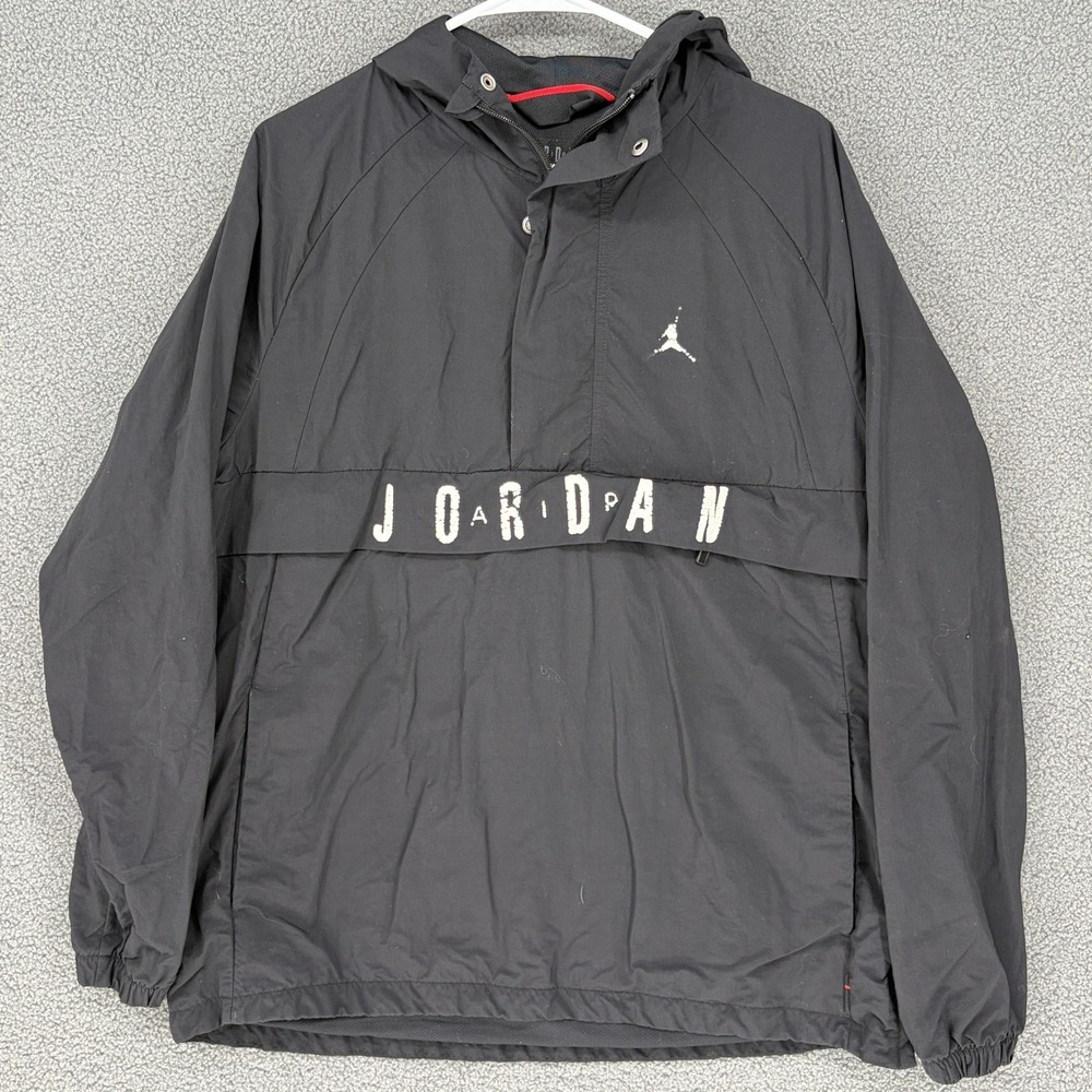 Jordan Brand Mens Black Half Zip Hooded Windbreaker Jacket Medium Jumpman Logo